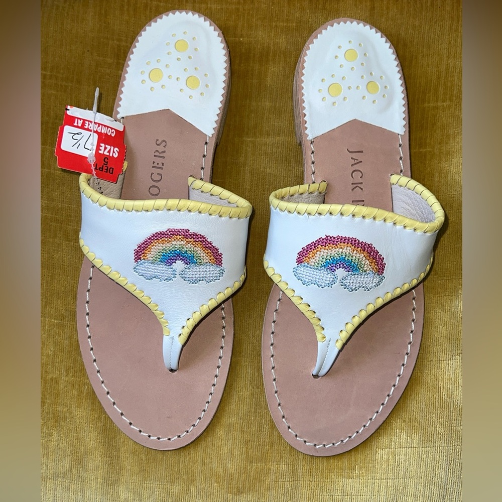 Jack Rogers Rainbow Embroidered Leather Flat Sandal White Size 7.5